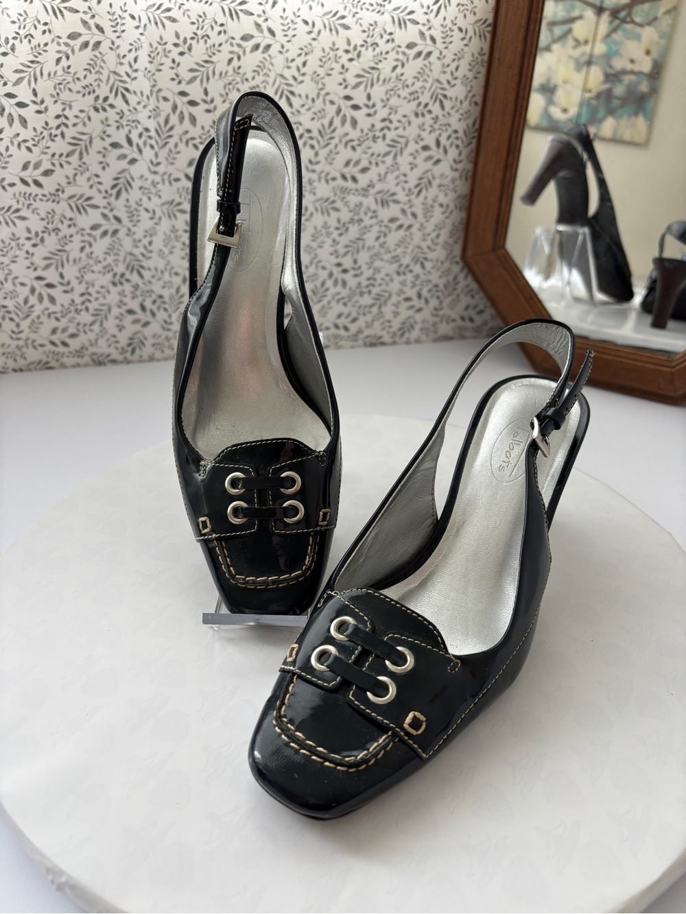 Talbots Black Patent Leather Slingback Heels 7B Square Toe Loafer Pumps